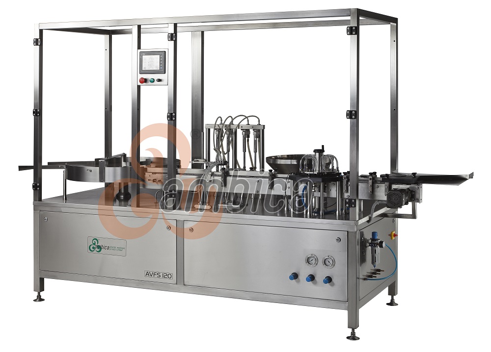 Automatic High Speed Servo Driven Linear Vial Injectable Liquid Filling with Vacuum Based Rubber Stoppering Machines. Models: AVLF-150S-R and AVLF-240S-R